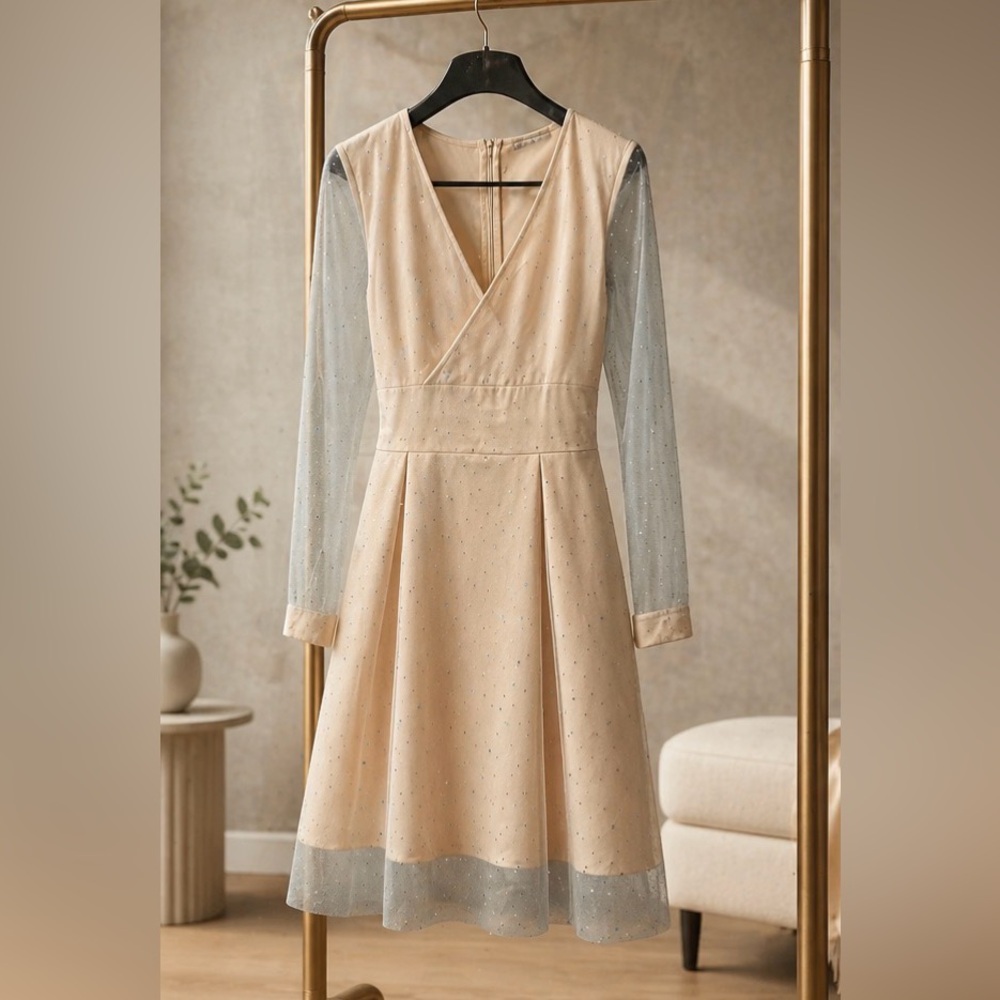Elegant Cream A-Line V-Neck Dress with Sheer Long Sleeves